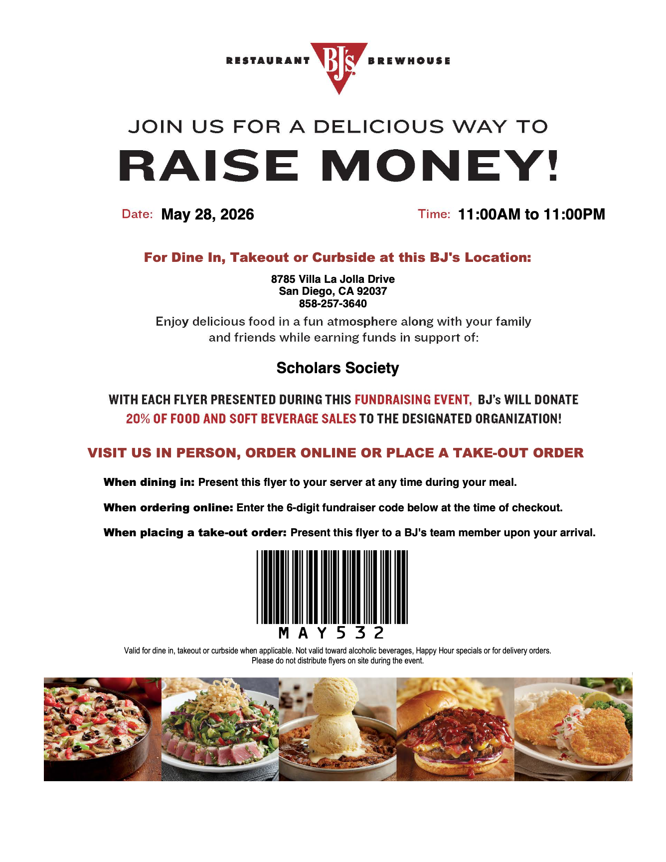 BJ's fundraiser flyer with date, time, location, and fundraiser code