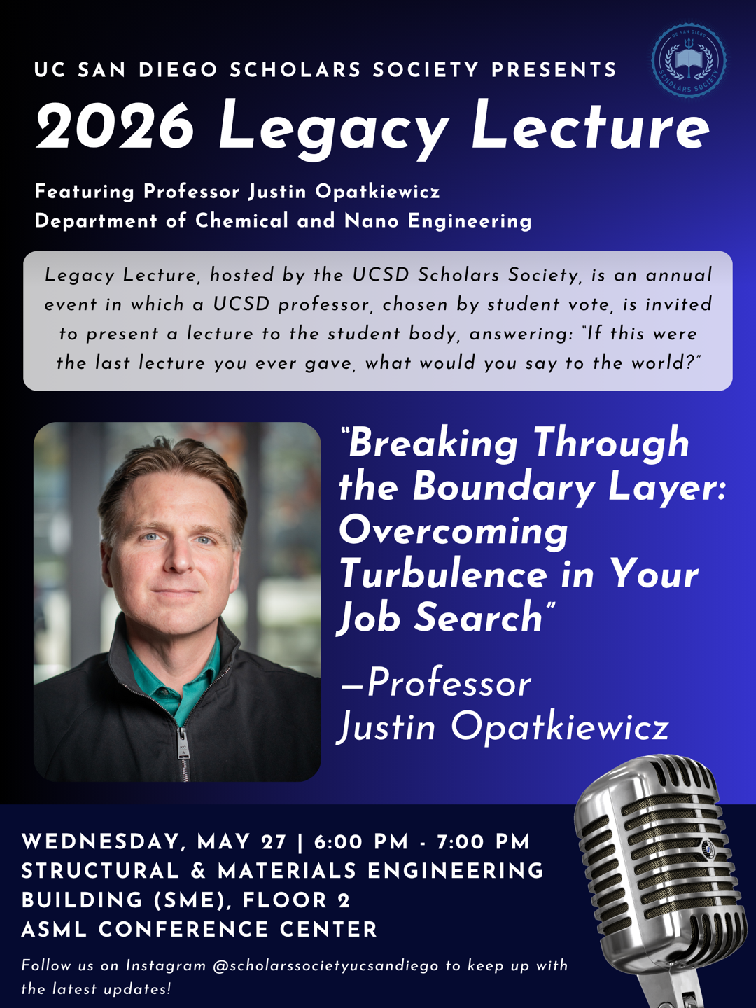 Legacy Lecture flyer featuring Professor Justin Opatkiewicz with date, time, and location
