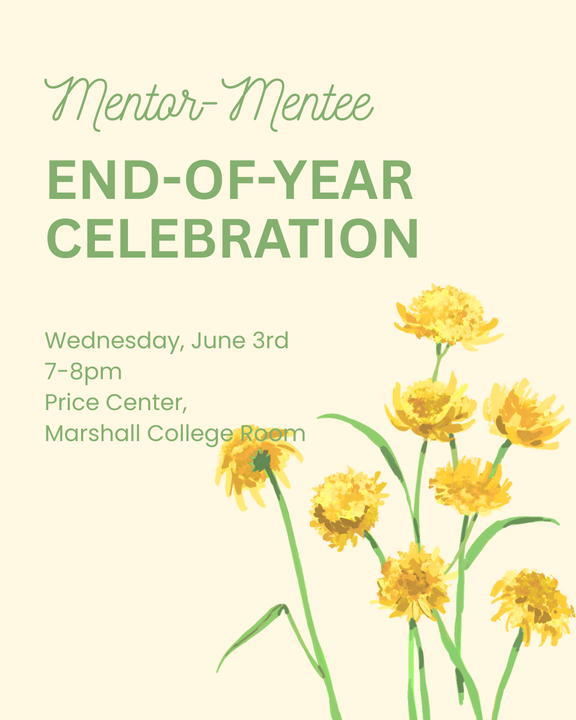 Mentor-Mentee End-of-Year Celebration flyer with yellow flowers