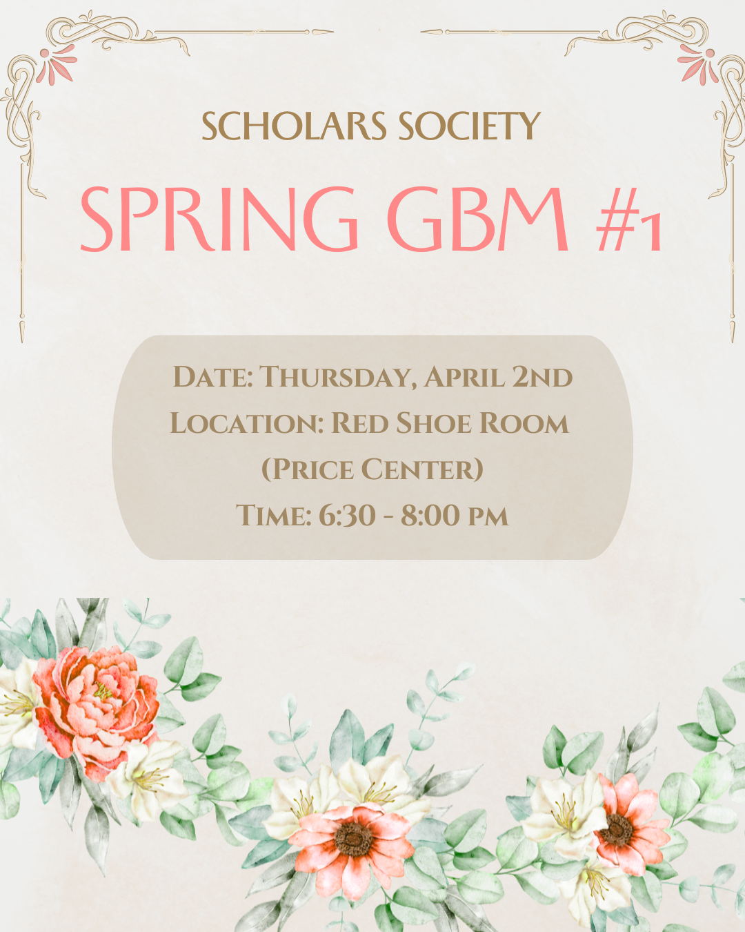 Spring GBM #1 flyer with date, time, and location