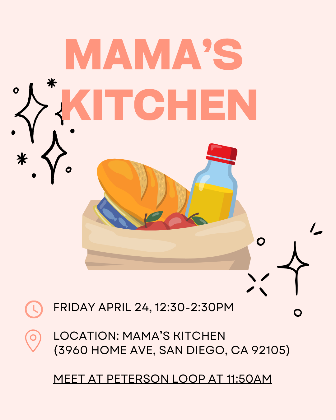 Mama's Kitchen flyer with date, time, and location