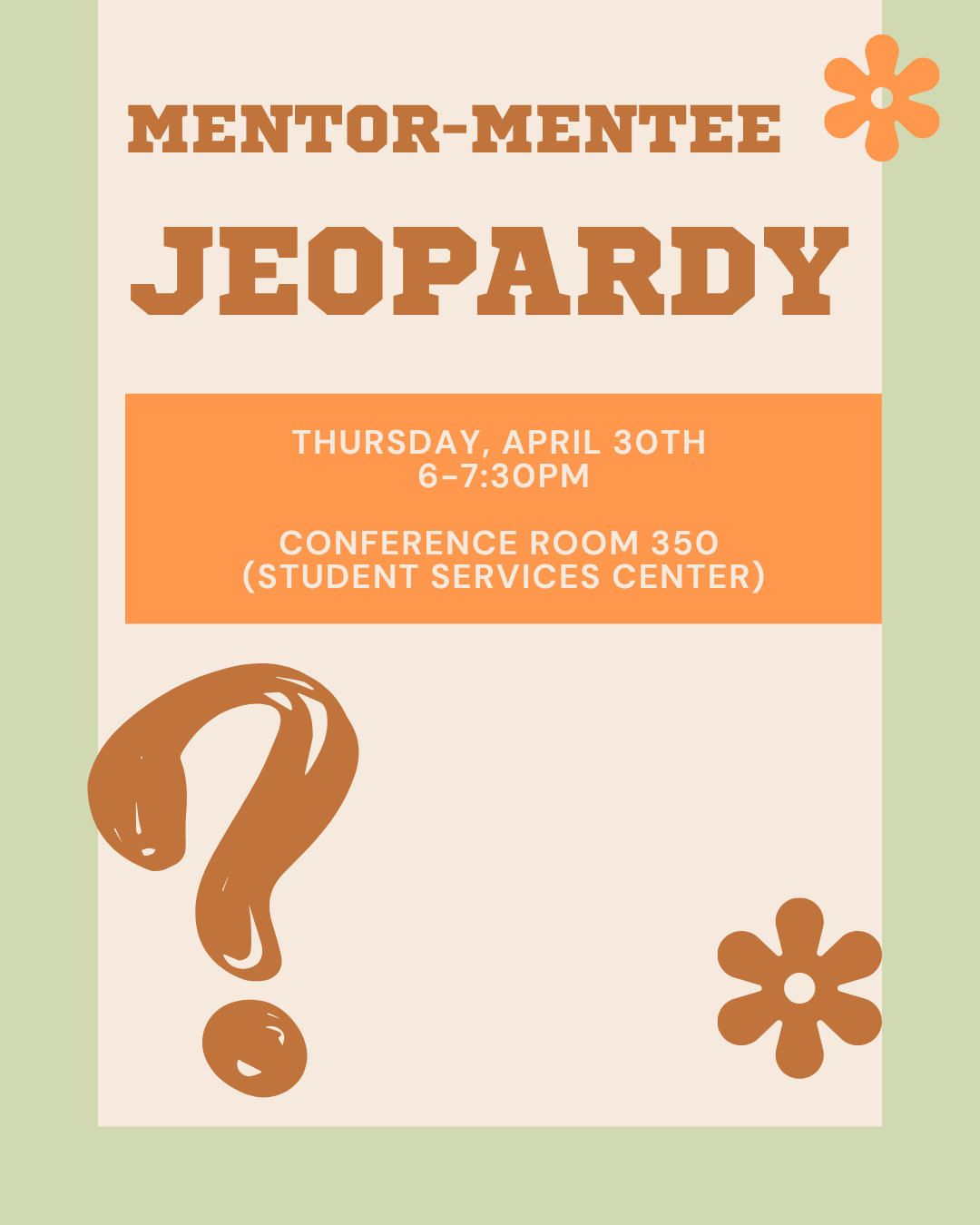 Mentor-Mentee Jeopardy flyer with date, time, and location