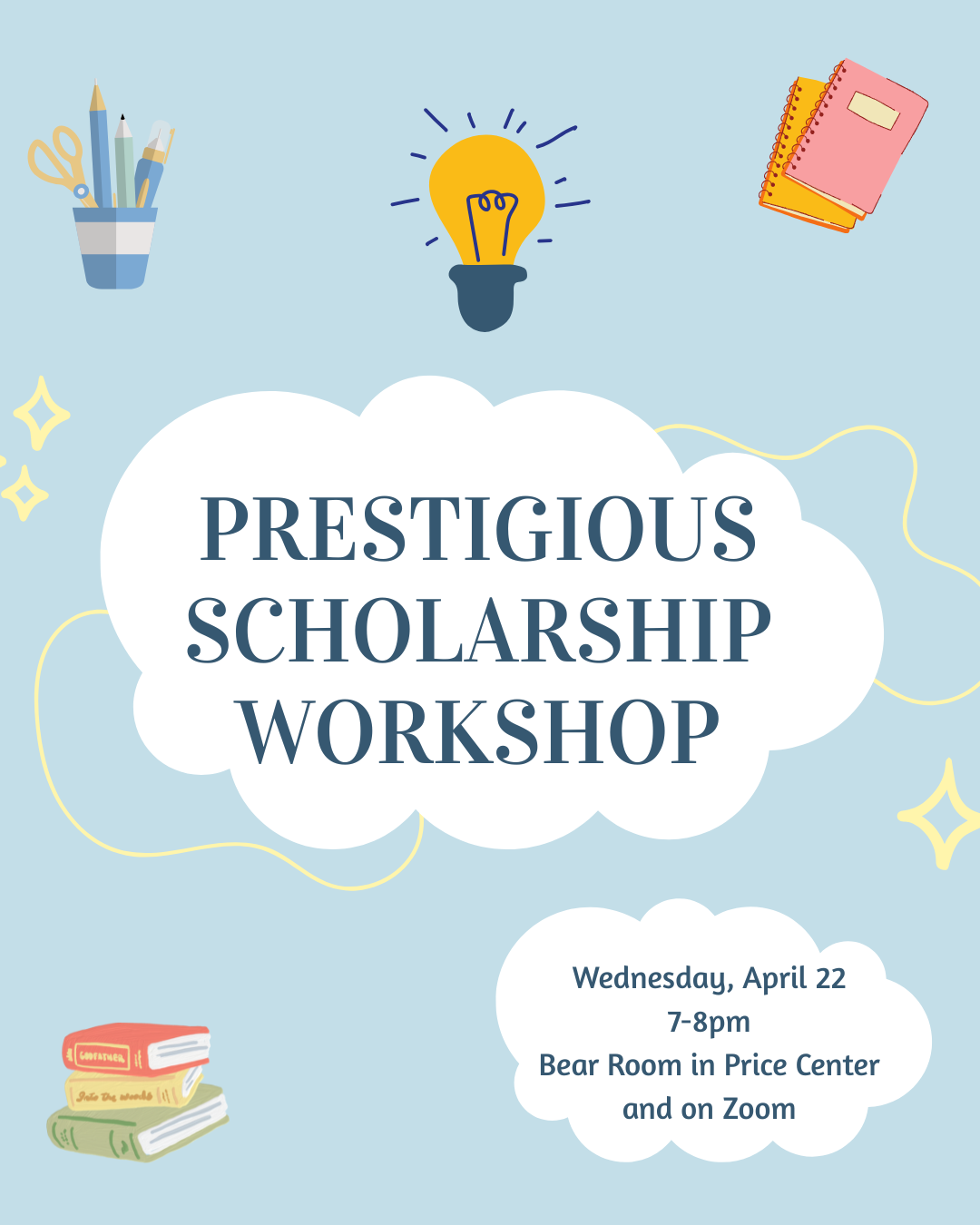 Prestigious Scholarship Workshop flyer with date, time, and location